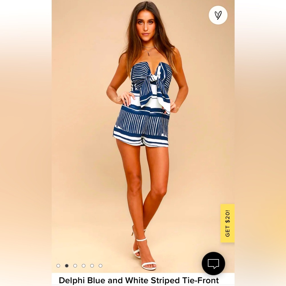 New Lulus Delphi Blue and White Tie Front Romper, Size Medium